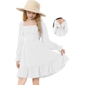Durio Girls Dresses for Teens Girls Tie Back Off Shoulder Dress Cute Long Sleeve Dress Easter Kids School Party Dance Dresses