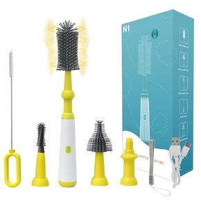 Electric Bottle Brush Set with Electric Bottle Brush Cleaner, 3 Replaceable Baby Bottle Brushes and Extension Handle. Silicone Bottle Brush, Waterproof, Perfect Baby Essentials(Grey)