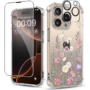 for iPhone 16 Pro Case,[3 in 1] with Screen Protector & Camera Lens Protector, Flower Pattern Design,Clear Soft Shockproof Slim Floral Phone Cover for Women Girls 2024 6.3" (Lavender/Purple)