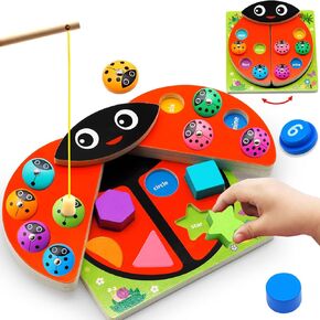 Wooden Ladybug Toddler Montessori Toys Magnetic Fishing Game Teaches Numbers, Counting, Math, Shape, Color Puzzle Preschool Learning Activities Educational Block 1 2 3 4 Year Old Boy Girl Gift
