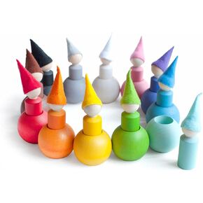 Ulanik Peg Dolls in Balls with Hats Toddler Montessori Toys for 3 Year Old + Wooden Waldorf Dolls for Learning Color Sorting and Counting — 12 Gnomes, 2.36 in