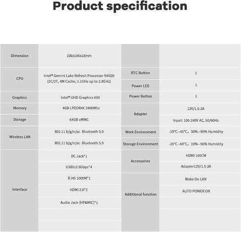 كمبيوتر صغير T5، Celeron N4020 (يصل إلى 2.8 جيجا هرتز) كمبيوتر صغير 4 جيجا LPDDR4 64 جيجا eMMC كمبيوتر مكتبي صغير لـ HDMI مزدوج، USB3.0، WiFi 5، BT5.0، جيجابت إيثرنت in Saudi Arabia
