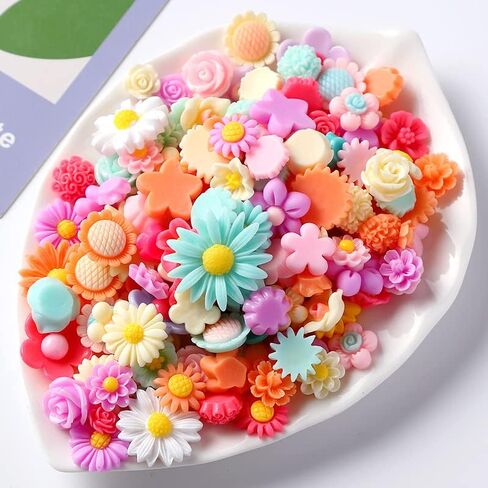 X Hot Popcorn 100PCS Flatback Resin Flower Charms Flower Beads Mini Resin Flower Charms Cabochons Mixed Colors Daisy Flower Resin Slime Charms for DIY Craft Scrapbooking Decor (Color 2) in Saudi Arabia