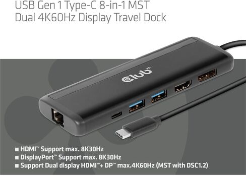 قاعدة عرض متنقلة Club 3D CSV-1597 USB Gen 1 Type-C 8 في 1 MST مزدوجة 4K60 هرتز (HDMI 8K 30 هرتز، منفذ عرض 8K 30 هرتز) in Kuwait