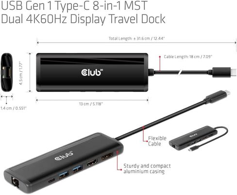 قاعدة عرض متنقلة Club 3D CSV-1597 USB Gen 1 Type-C 8 في 1 MST مزدوجة 4K60 هرتز (HDMI 8K 30 هرتز، منفذ عرض 8K 30 هرتز) in Kuwait