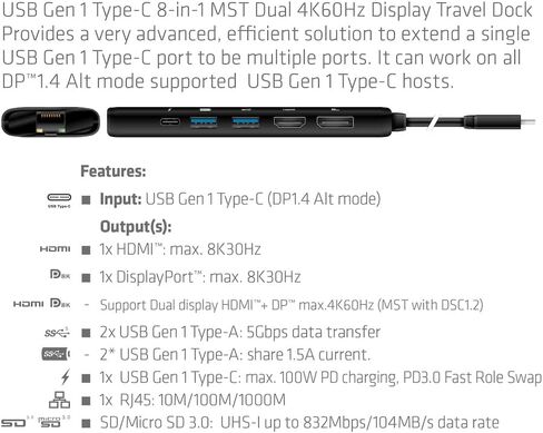 قاعدة عرض متنقلة Club 3D CSV-1597 USB Gen 1 Type-C 8 في 1 MST مزدوجة 4K60 هرتز (HDMI 8K 30 هرتز، منفذ عرض 8K 30 هرتز) in Kuwait