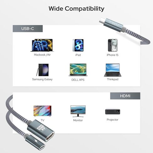 محول Basesailor USB C إلى HDMI مع منفذ شاحن PD 100 واط، محول 2 في 1 من النوع C إلى 4K MHL HDMI أنثى، Thunderbolt 3 لهاتف iPhone 15 Pro Max Plus، MacBook، ipad Air 5 Mini 6، Galaxy، Steam Deck in Kuwait