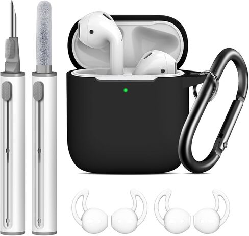 for AirPods Case Cover with Cleaning Pen，Soft Silicone Protective Cover with Buckle for Women Men Compatible with Apple AirPods 2nd 1st Generation Charging Case, Front LED ，Black in Saudi Arabia