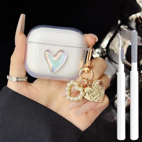 حافظة لطيفة لسماعات AirPods 2/1 من الجيل الشفاف، تصميم على شكل قوس بناتي ثلاثي الأبعاد، غطاء حماية ناعم من مادة TPU لآبل آي بود الجيل الثاني/الأول مع مجموعة أدوات تنظيف وسلسلة مفاتيح للفتيات والنساء in Kuwait
