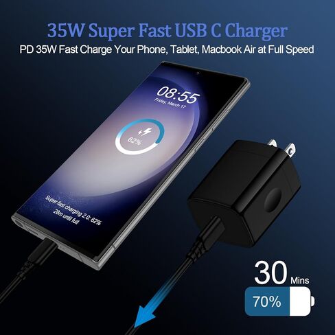 كتلة شاحن Samsung A55 فائقة السرعة من النوع C بقدرة 35 وات لهاتف Samsung Galaxy Z Flip6/Fold6/A15/A14 5G/A54/A13/A53/A34/A33/S24/S23 Ultra/S22 FE، Pixel 8a 8 7 6، iPhone 16 15 14 13 12 برو ماكس شاحن حائط USB C in Kuwait