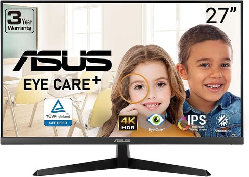 شاشة ASUS 27 بوصة 4K Eye Care (VY27UQ) - UHD (3840 x 2160)، IPS، HDR10، مزامنة تكيفية، Eye Care Plus، منفذ عرض، HDMI، مكبر صوت، DisplayWidget، مرشح الضوء الأزرق، خالي من الوميض، ضمان لمدة 3 سنوات in Saudi Arabia