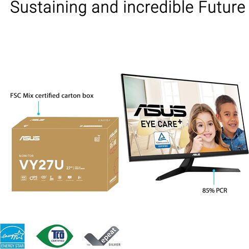 شاشة ASUS 27 بوصة 4K Eye Care (VY27UQ) - UHD (3840 x 2160)، IPS، HDR10، مزامنة تكيفية، Eye Care Plus، منفذ عرض، HDMI، مكبر صوت، DisplayWidget، مرشح الضوء الأزرق، خالي من الوميض، ضمان لمدة 3 سنوات in Saudi Arabia