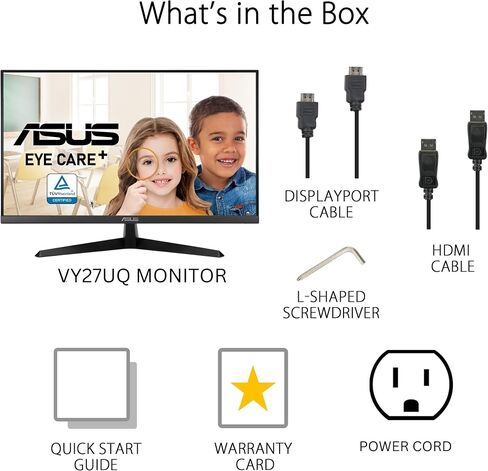 شاشة ASUS 27 بوصة 4K Eye Care (VY27UQ) - UHD (3840 x 2160)، IPS، HDR10، مزامنة تكيفية، Eye Care Plus، منفذ عرض، HDMI، مكبر صوت، DisplayWidget، مرشح الضوء الأزرق، خالي من الوميض، ضمان لمدة 3 سنوات in Saudi Arabia