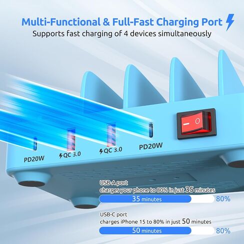 5-Port Fast Charging Station for Multiple Devices - Charging Station Organizer - iPad Charging Station - USB Charging Station - Family Charging Station - UL & FCC Certified - Blue in Saudi Arabia
