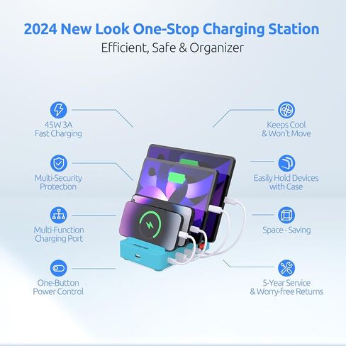 5-Port Fast Charging Station for Multiple Devices - Charging Station Organizer - iPad Charging Station - USB Charging Station - Family Charging Station - UL & FCC Certified - Blue in Saudi Arabia