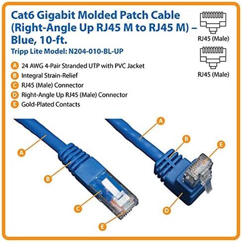 Tripp Lite Cat6 Gigabit Molded Patch Cable (RJ45 Right Angle Up M to RJ45 M) Blue, 10-ft.(N204-010-BL-UP) in Saudi Arabia
