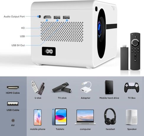 جهاز عرض صغير مع واي فاي وبلوتوث، أجهزة عرض أصلية 1080 بكسل، جهاز عرض فيديو منزلي 15000 لتر، جهاز عرض محمول متوافق مع iOS/Android PC/TV Stick/HDMI/USB/AV (أبيض) in Kuwait