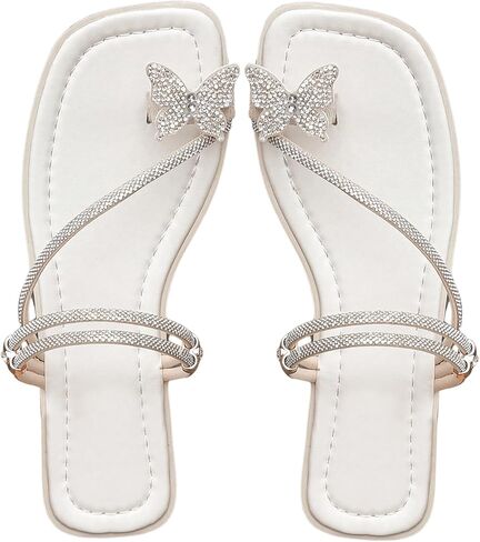 GORGLITTER Women's Rhinestone Butterfly Flat Sandals Sparkly Ankle Strap Strappy Ring Open Toe Slide Sandals White 7 in Saudi Arabia