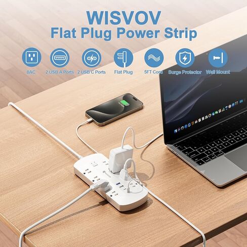 شريط طاقة بقابس مسطح، شريط طاقة PD20W USB C، شريط طاقة 12 في 1 4500J حماية من زيادة التيار مع 8 تيار متردد، 2 USB A&2 USB C، سلك تمديد 5 أقدام، حامل على الحائط، محطة شحن USB للمكتب، أساسيات المكتب المنزلي in Saudi Arabia