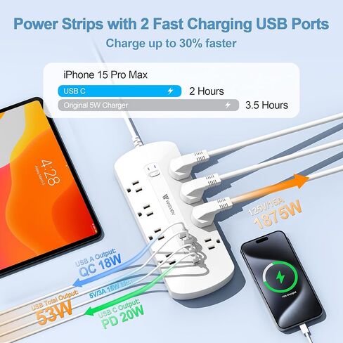 شريط طاقة بقابس مسطح، شريط طاقة PD20W USB C، شريط طاقة 12 في 1 4500J حماية من زيادة التيار مع 8 تيار متردد، 2 USB A&2 USB C، سلك تمديد 5 أقدام، حامل على الحائط، محطة شحن USB للمكتب، أساسيات المكتب المنزلي in Saudi Arabia