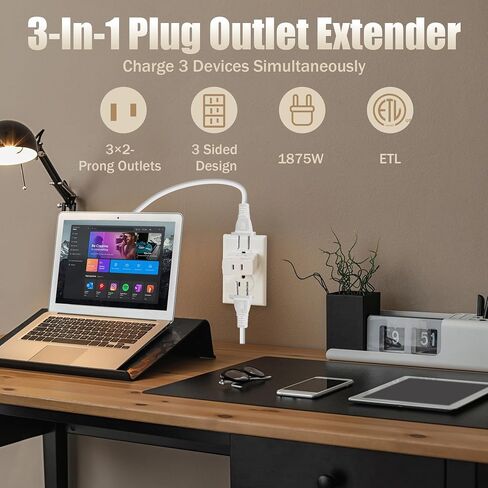 2-Prong 3-Outlet Polarized Plug Wall Plug Extender 2 Pack, 2-Prong to 2-Prong 3 Side Outlet Plug Splitter Converter, Multi Plug Outlet Spaced Adapter, Non-Ground Outlet for Old Home, Hotel, White in Kuwait