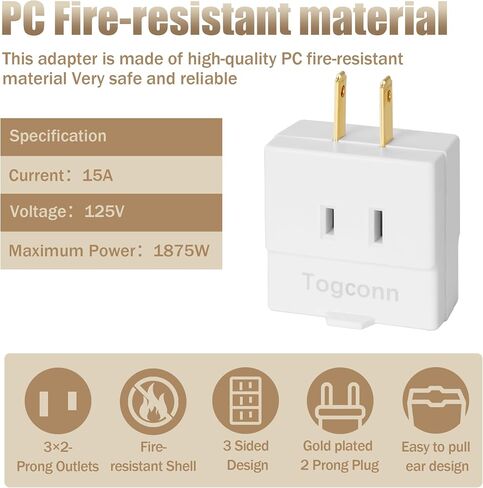 2-Prong 3-Outlet Polarized Plug Wall Plug Extender 2 Pack, 2-Prong to 2-Prong 3 Side Outlet Plug Splitter Converter, Multi Plug Outlet Spaced Adapter, Non-Ground Outlet for Old Home, Hotel, White in Kuwait