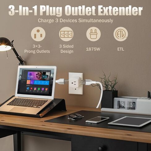 2-Prong 3-Outlet Polarized Plug Wall Plug Extender 2 Pack, 2-Prong to 2-Prong 3 Side Outlet Plug Splitter Converter, Multi Plug Outlet Spaced Adapter, Non-Ground Outlet for Old Home, Hotel, White in Kuwait