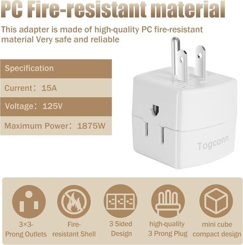 2-Prong 3-Outlet Polarized Plug Wall Plug Extender 2 Pack, 2-Prong to 2-Prong 3 Side Outlet Plug Splitter Converter, Multi Plug Outlet Spaced Adapter, Non-Ground Outlet for Old Home, Hotel, White in Kuwait