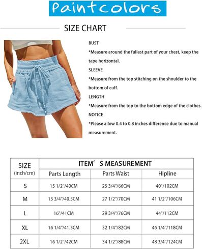 Paintcolors المرأة السراويل الصيف عادية عالية مرونة الخصر رباط قطن مطوي كشكش فلوي شورتات للبحر مع جيوب in Kuwait