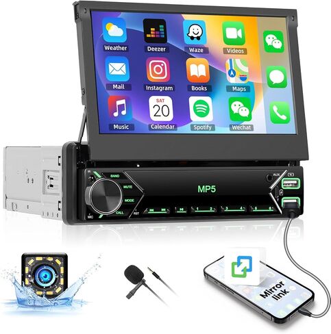 Single Din Touchscreen Car Stereo with iOS/Android Mirror Link, 7" Flip Out Touchscreen Bluetooth 1 Din Car Radio Receiver, TF/USB, FM Radio, SWC,FM, External Microphone+Rear Camera in Saudi Arabia