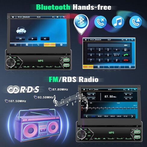 Single Din Touchscreen Car Stereo with iOS/Android Mirror Link, 7" Flip Out Touchscreen Bluetooth 1 Din Car Radio Receiver, TF/USB, FM Radio, SWC,FM, External Microphone+Rear Camera in Saudi Arabia