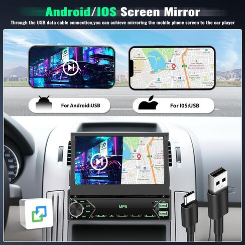 Single Din Touchscreen Car Stereo with iOS/Android Mirror Link, 7" Flip Out Touchscreen Bluetooth 1 Din Car Radio Receiver, TF/USB, FM Radio, SWC,FM, External Microphone+Rear Camera in Saudi Arabia