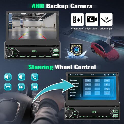 Single Din Touchscreen Car Stereo with iOS/Android Mirror Link, 7" Flip Out Touchscreen Bluetooth 1 Din Car Radio Receiver, TF/USB, FM Radio, SWC,FM, External Microphone+Rear Camera in Saudi Arabia