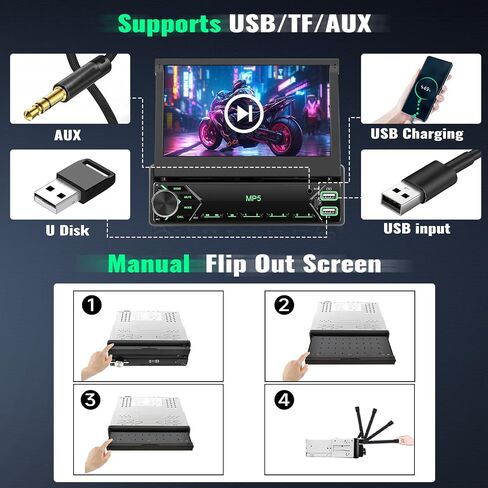 Single Din Touchscreen Car Stereo with iOS/Android Mirror Link, 7" Flip Out Touchscreen Bluetooth 1 Din Car Radio Receiver, TF/USB, FM Radio, SWC,FM, External Microphone+Rear Camera in Saudi Arabia