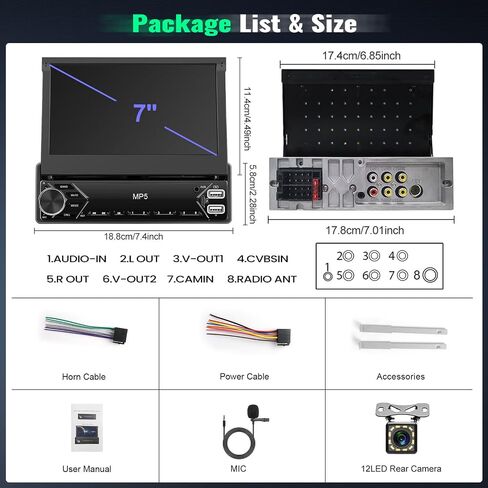 Single Din Touchscreen Car Stereo with iOS/Android Mirror Link, 7" Flip Out Touchscreen Bluetooth 1 Din Car Radio Receiver, TF/USB, FM Radio, SWC,FM, External Microphone+Rear Camera in Saudi Arabia