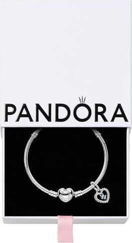 مجموعة أساور وحلي متدلية من Pandora March - حلية متدلية من الفضة الإسترلينية للنساء من الفضة الإسترلينية وسوار على شكل ثعبان ومشبك على شكل قلب - مجموعة مجوهرات مع صندوق هدايا، مقاس 19 in Saudi Arabia