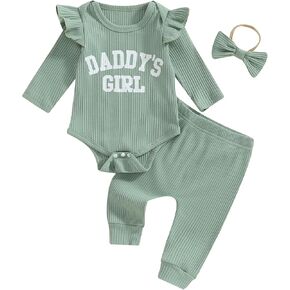 Tsnbre Newborn Baby Girl Outfits Daddys Girls Ruffle Long Sleeve Romper Top Pants Headband Infant Fall Winter Clothes