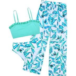 Kids Bikini Swimwear for Girls Summer Army Green Hawaiian Beach Bathing Suits 3D Palm Leaf Printed Rash Guard Swimsuits 9 10 Girl's Sun Protection UPF 60+ Swimming Pool Wear