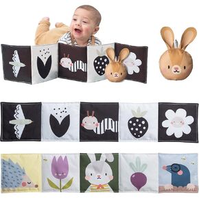 Taf Toys Bunny Pram Book & Toy Set | High Contrast Black & White Infant Visual Stimulation | Soft Fabric for Newborn Cognitive Development | Baby Essential Montessori Toy for 0-6 Months