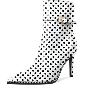 Soireelady Womens Ankle Boots Pointed Toe High Heel Boots Beaded Stilettos Booties Short Boots with Metal Buckle Side Zipper Boot 4 Inch