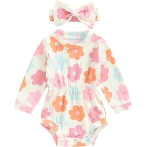 Hnyenmcko Newborn Baby Girl Romper Daisy Long Sleeve Bodysuit Floral Jumpsuit with Headband Infant Fall Clothes 0-18M