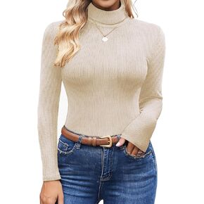 Ekouaer Women Long Sleeve Sweater Lightweight Turtleneck Shirts Ribbed Knit Thermal Undershirts Slim Fit Tops Mid Grey S
