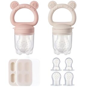 2 Pack Silicone Baby Fruit Feeder with Mini Freezer Tray, Baby Teethers, Breastmilk Popsicle Molds for Baby Teething Relief, Fresh Food Feeder for Safe Infant Self Feeding, Extra Food Pouches