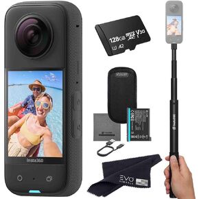 Insta360 X3 - Waterproof 360 Action Camera with 1/2" 48MP Sensors, 5.7K 360 HDR Video, 72MP 360 Photo, 4K Single-Lens, 60fps Me Mode, 2.29" Touchscreen, AI Editing |Bundle Includes Selfie Stick&128GB