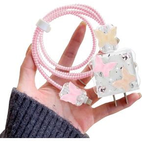 Cute Wave Cable Protector Compatible for iPhone Charger Adapter with Bling Pink Butterfly Laser Design,Data Line USB Cover Wire Cord Saver Lightning Cable Case for iPhone Charger