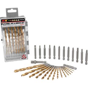 Performance Tool W9040 28pc 1/4-Inch Titanium Coated Drill Bit and Driver Set with Socket Adapters, Flip Case and Hanger Tab