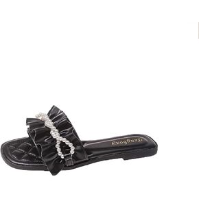 Women'S Ruffles Pearl Round Open Toe Flat Slides Sandals Cut Slip on Summer Fashion Comfy Dressy Slippers Outdoor Boho Foot Bed Beach Walking Sandals