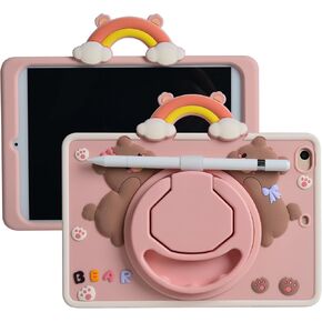 Cartoon Case for iPad Mini 1/2/3/4/5 7.9" ，MONEHOYSY Cute Soft Silicone Kickstand [Drop Proof,Shock Proof,Anti Slip] Back Stand Cover Case for Kids Children Teens Girls Boys (Kitty)