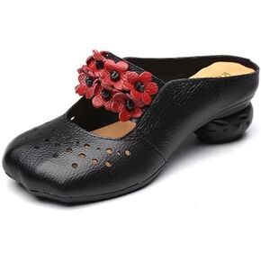 Retro Flower Chunky Heel Slide Mules for Women's Wide Toe Cutout Backless Closed Toe Mid Block Heeled Sandals for Walking Work