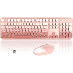 Colorful Wireless Keyboard and Mouse Combo, 2.4GHz Wireless Retro Cute Round Keycaps Keyboard, 104 Keys Full-Sized Keyboard Mouse Set with Switch Button for PC Laptop Desktop (Rose Gradient)